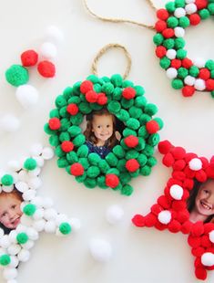 three christmas ornaments with two children in the middle and one is hanging on a string