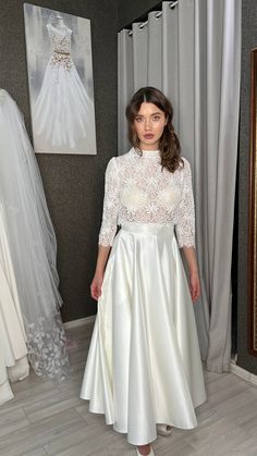 Gorgeous boho 2 piece wedding dress with romantic lace top complimented by a perfect midi satin skirt. The duet creates a effortless and bohemian bridal look.  This bridal gown will be great for a civil or courthouse wedding, casual and minimalist wedding. Could also be great as a 2nd wedding outfit as it's perfect for moving around and dancing. It's ideal for a warm weather wedding and will be good for summer, beach, garden wedding.  Crop top is made from delicate floral lace with scallop botto Wedding Dress Midi, Dress Long Sleeve Casual, Civil Wedding Dress, Crop Top Satin, 2 Piece Wedding Dress, Midi Wedding Dress, 2nd Wedding, Wedding Casual, Top Satin