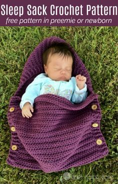 a baby sleeping in a purple crochet blanket on the grass with text overlay that reads, sleep sack crochet pattern free pattern