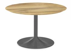 a round wooden table with metal base