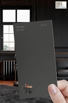 a person holding up a piece of gray paint in front of a black wall with windows