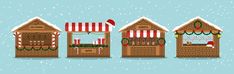 three wooden houses decorated with christmas lights and candy canes in the snow on a blue background