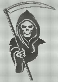 a cross stitch pattern with a skeleton holding a sculler