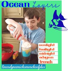 a young boy mixing ingredients in a blender with the words ocean layers on it