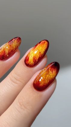 Jelly Nails Winter, Fall Fairy Nails, Bonfire Nail Designs, Ember Nails, Glittery Fall Nails, Nail Art 2024 Trends, Nail Trends 2024 Fall, Bonfire Nails, Candle Nails