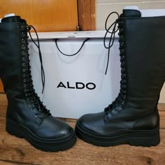 These Tall Black Combat Boots By Aldo Have Never Been Worn. Boots Are Lace Up & Side Zip. Has Sticker On Sole Of Boot & The Cardboard & Paper Inside The Boot. Comes With Box. These Astoha Boots Are Size 8.5 Womens. Tall Black Combat Boots, Tall Combat Boots, Worn Boots, Socks For Flats, Lug Sole Boots, Black Combat Boots, Lace Up Combat Boots, Red Boots, Cardboard Paper