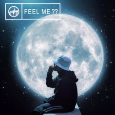 a person sitting on top of a bench in front of a full moon with the words feel me?