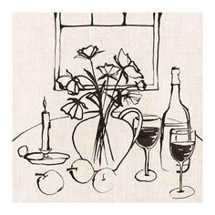 a drawing of flowers in a vase next to a wine glass and bottle on a table