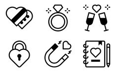 black and white icons with hearts, keys, ring, keychain, love lock