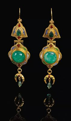 Gold, Emerald and Enamel Earrings, 18th Century Ancient Jewels, Islamic Jewelry, Ancient Jewellery, Moroccan Jewelry, Historical Jewellery, Ancient Jewelry, Enamel Earrings, Ethnic Jewelry, Antique Jewellery