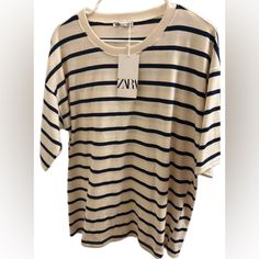 Zara Stripped Ecru-Black Short Sleeve Cotton T-Shirt. Size Xl. Pit To Pit 23 Inches. Zara Striped Crew Neck Top, Oversized Zara Cream Tops, Oversized Cream Zara Tops, Oversized Cream Top By Zara, Black Knit Top, Dressy Shorts, Color Block Tee, Brown Tshirt, Camo Print