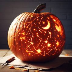 a carved pumpkin with stars and the moon on it