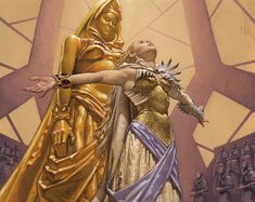 a painting of two women standing next to each other in front of a golden statue