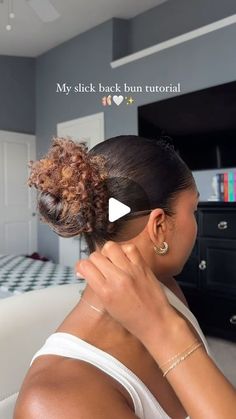 Ashley Jones ♡ on Instagram: "Slick back buns >>> ⁣ ⁣ ⁣ This style takes me back to my gymnastics days lol. I literally used to wear my hair in a bun every day😭 I also like to add my favorite hair oil as a little extra treatment before wash days✨ This one is from @vegamour ⁣ ⁣ ⁣ ⁣ #slickbackbun #slickbackhair #curlyhairstyles #curlscurlscurls #curls #hairtutorial" Slick Buns Hairstyle, Slick Back Bun Styles, Sleek Back Bun Natural Hair, Slick Back For Curly Hair, Slicked Back Bun Curly Hair, Natural Hair Slick Back Bun, Messy Bun Tutorial Curly Hair, Black Baddie Hairstyles, Slicked Back Curly Hair