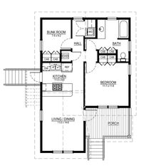 a floor plan for a small house with stairs and an upstairs bedroom on the second level