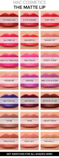 MAC The Matte Lip Collection -- whirl is now a lipstick shade too!!! Makeup Bibir, Lip Collection, Makeup Mac, Batons Matte, Colors Shades, Makeup Tricks, Lipstick Swatches