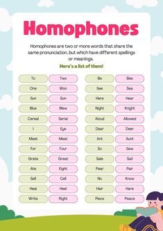 a poster with the words homophones in pink and white, on top of a green field