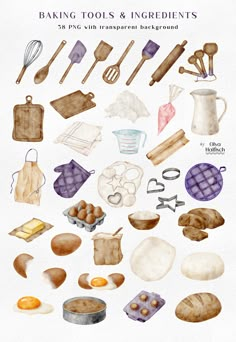 watercolor illustration of baking tools and ingredients