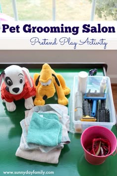 pet grooming salon pretend play activity with toys and supplies on green table in front of window