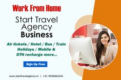 a woman sitting in front of a computer with the words work from home start travel agency business