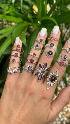 Many Rings On Hand, Ring Stacks Silver, Whimsigoth Rings, Gem Rings Stones, Novica Jewelry, Thick Rings, Funky Rings, Dope Jewelry Accessories, Vintage Jewelry Rings