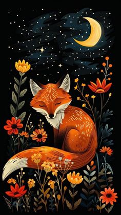 a painting of a fox sitting in the grass with flowers and stars on it's side