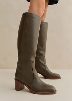 70s Knee High Boot | ME+EM Aw23 Fashion, Stretch Leather Boots, Olive Boots, Fancy Footwear, Ankle Sleeve, Slip On Trainers, Suede Block Heels, Leather High Tops, Fall Winter Wardrobe