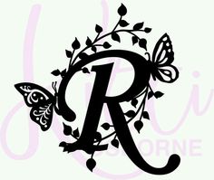 the letter r with butterflies and vines on it's sides is shown in black