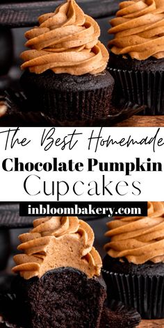 the best homemade chocolate pumpkin cupcakes with cinnamon frosting on top and inside