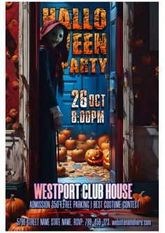 a halloween party flyer with a skeleton holding a cane in front of an open door