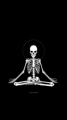 a skeleton sitting in the middle of a yoga pose with two crossed arms and legs