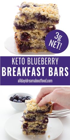 keto blueberry breakfast bars are stacked on top of each other and ready to be eaten