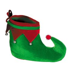 a green and red christmas stocking with bells on the top, sitting in front of a white background