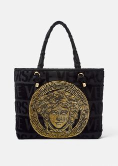 Versace Men's Crystal Medusa Towel Tote Bag in black | Versace US Versace Tote Bag, Pool Essentials, Craft Tote Bag, Versace Home, Fabric Tote, Terry Towel, Versace Men, Beach Tote, Shopper Bag