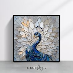 a blue and white peacock is depicted in this stained glass art piece, with the words escape designs on it