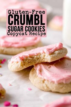 gluten - free crumbl sugar cookies with pink frosting on top