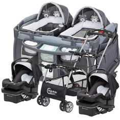 two baby strollers and one infant car seat