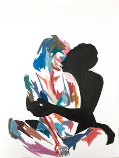 an abstract painting of a woman holding a baby in her arms with multiple colors on it