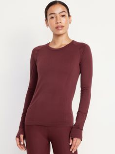 crew neck raglan sleeves thumbhole cuffs go-dry wicks moisture fitted hits high on hip models are approx.  5'9" and wear sizes s (4), l (12), and xl (18)machine wash according to the care instruction label  . Best Holiday gift for Women , perfect Tops for Christmas! Seamless Top, Old Navy Women, Active Wear Tops, Wicks, Raglan Sleeve, Toddler Boys, Old Navy, Active Wear, Models