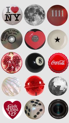 various types of buttons and magnets on a white background