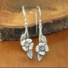 Floral Earrings That Dangle That Are Silver Plated. 1.5" 7/16" Non Smoking/Pet Friendly Home Handmade Silver Earrings, Branch Earrings, Earrings Ideas, Silver Flower Earrings, Alloy Earrings, Form Design, Jewelry For Her, Flower Earrings Studs, Metal Flowers