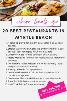 a flyer for the best restaurants in myntre beach, florida with images of food and drinks