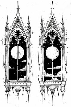 an old gothic window with the moon and stars above it, vintage line drawing or engraving