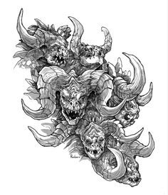 an ink drawing of skulls with horns and fangs on their heads, in black and white