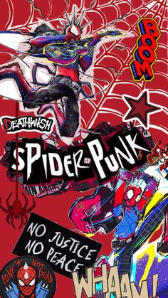 the spider - punk poster has many stickers on it