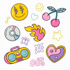 various stickers are arranged in the shape of hearts, flowers, and other things