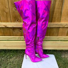 New, Never Worn Cape Robbin Hot Pink Glossy Metallic Thigh High Boots Pointy Toe 5" (Approx) Stiletto Heels Inside Zipper For Easy On & Off Definitely Will Turn Heads Measurement Are On A Size 7 (Increase As Size Goes Up) Monitor Settings May Vary Metallic Thigh High Boots, Cheetah Boots, Above Knee Boots, Velvet High Heels, Blue Boots, Pink Metallic, Girly Shoes, Cowboy Boots Women, Wide Boots