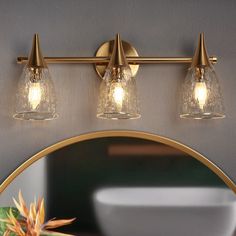 three light bathroom fixture with clear glass shades and gold trim on the wall above it's mirror