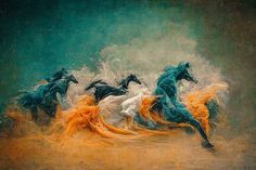 three horses are running in the water with orange and blue feathers on their back legs