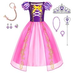 PRICES MAY VARY. Transform your little one into the enchanting Rapunzel with this beautiful dress for girls. Occasion: Perfect for Halloween, princess parties, or dress-up playdates. Meterial: Made with high-quality materials for a comfortable fit and durability. Size: Available in various sizes to fit toddlers and young girls, making it a great gift for any Rapunzel fan. Includes: Kids Rapunzel dress, crown, magic wand, necklace, bracelet, braid, earrings, ring. rapunzel dress for girls rapunze Purple Princess Dress, Princess Dresses For Girls, Girls Princess Dresses, Princess Belle Costume, Princess Costumes For Girls, Princess Dresses Kids, Dress Up Clothes